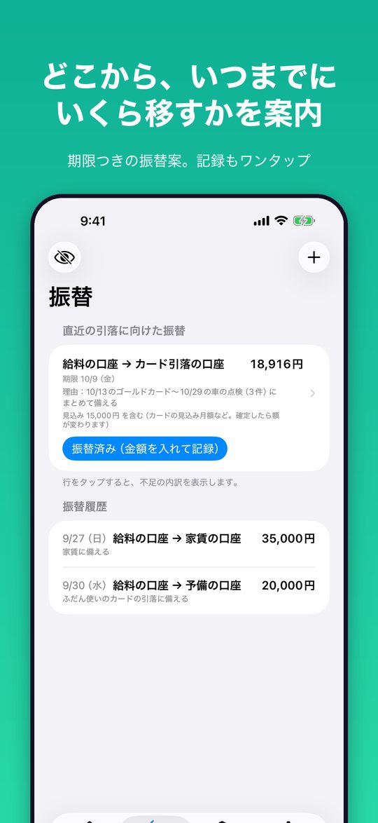 振替の案内。どの口座から、いつまでに、いくら移すか