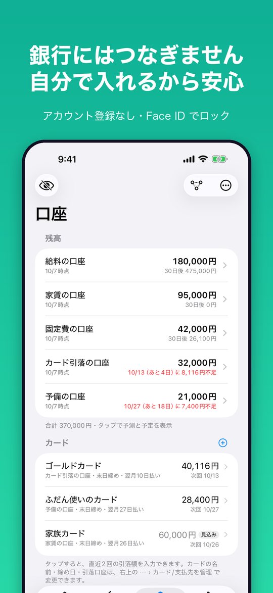口座の一覧。銀行にはつながず、自分で入力します